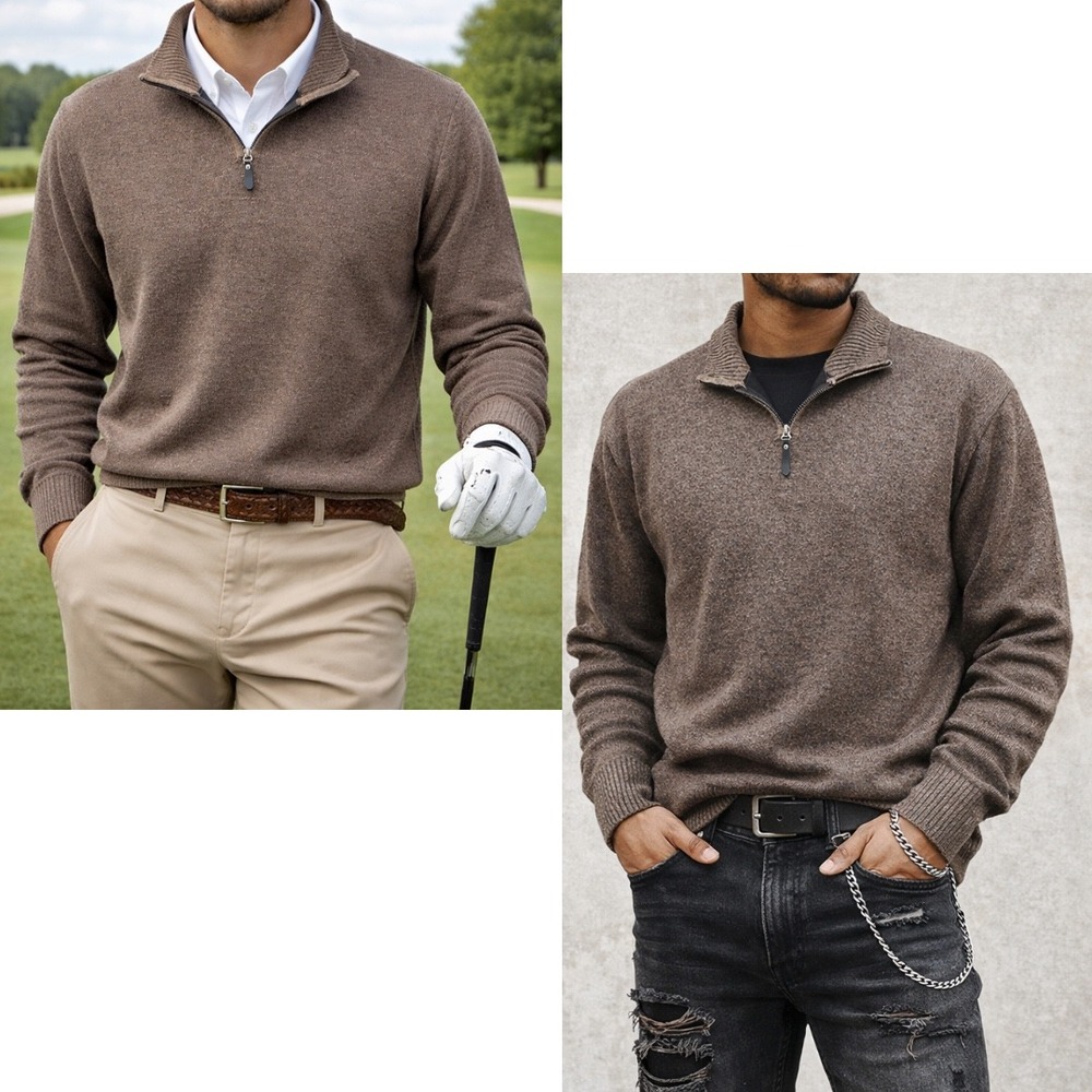 TRUE ROCK Brown Heathered 1/4-Zip Mock Neck Sweater Large Pullover Golf Grunge